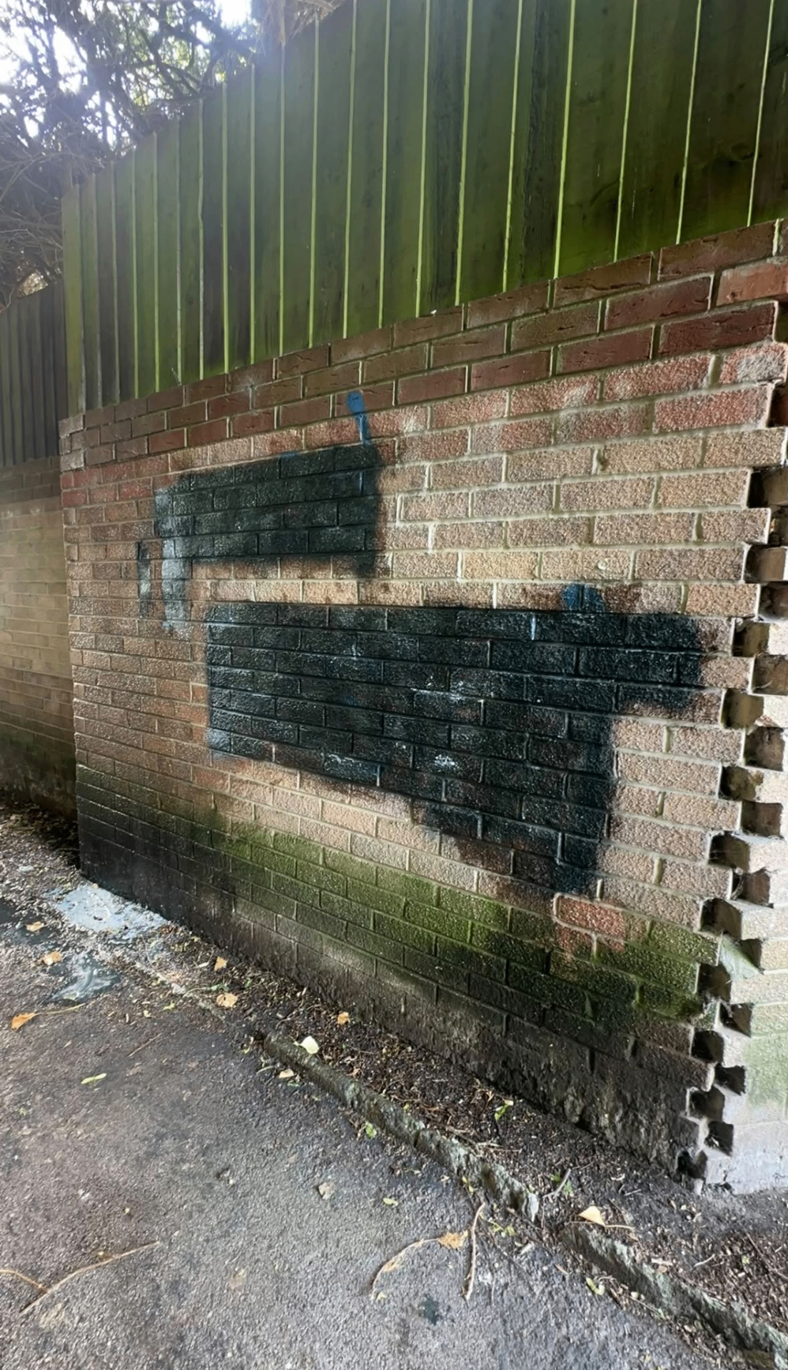 Before graffiti cleaning: black spray paint across a brick boundary wall beneath a timber fence