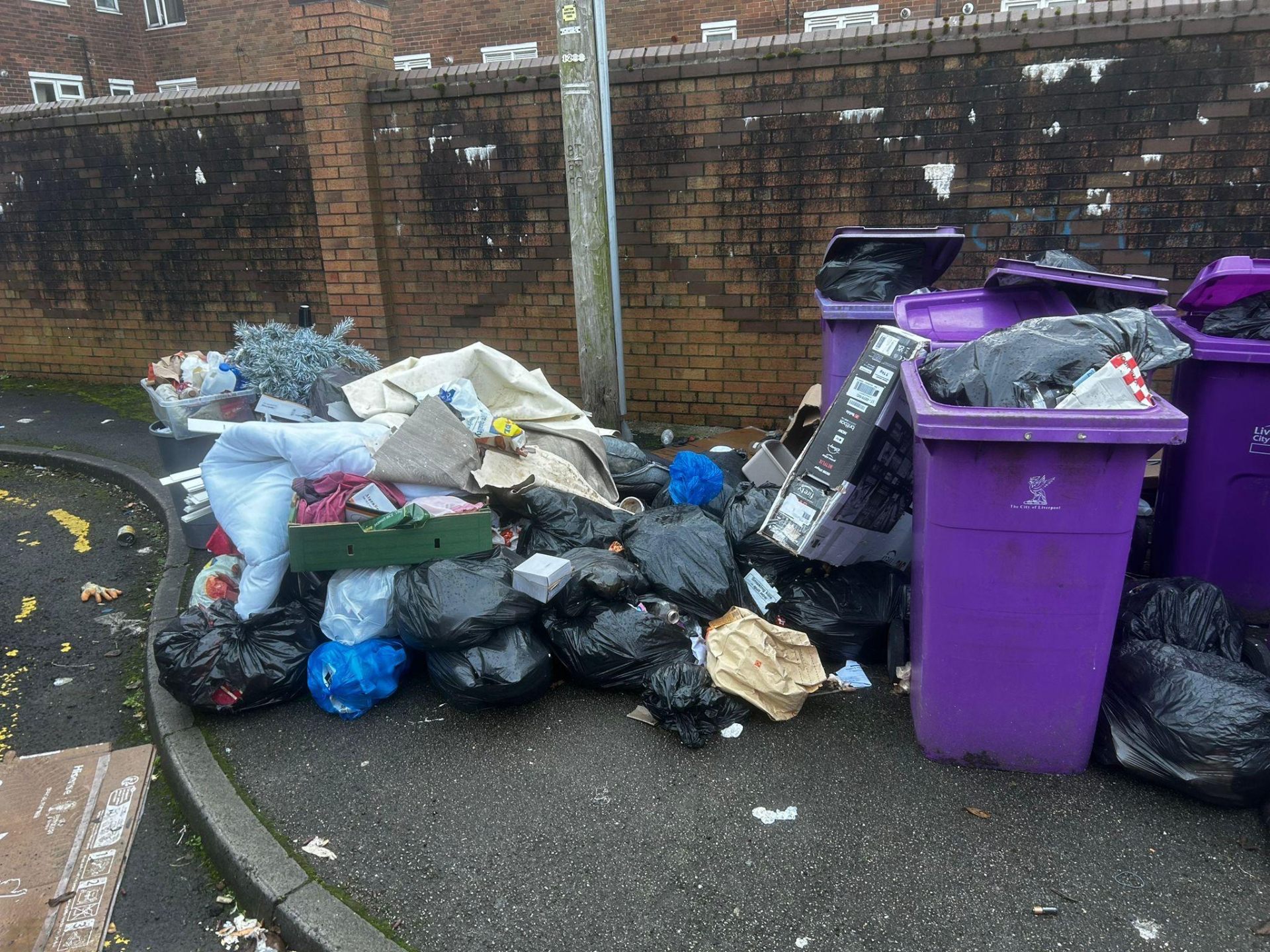 Overflowing bins and bagged waste cleared and documented