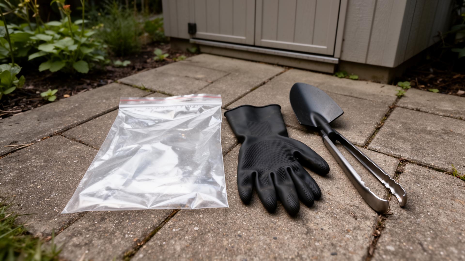 Sealed disposal bag, heavy gloves, tongs and shovel laid out ready for dead-animal removal