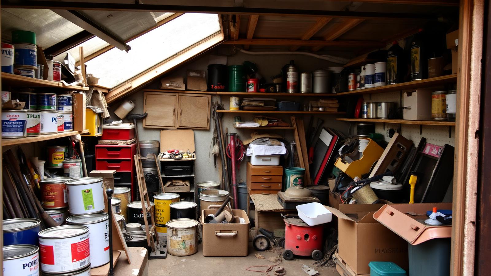 Cluttered domestic garage filled with old paint tins, tools and stored boxes