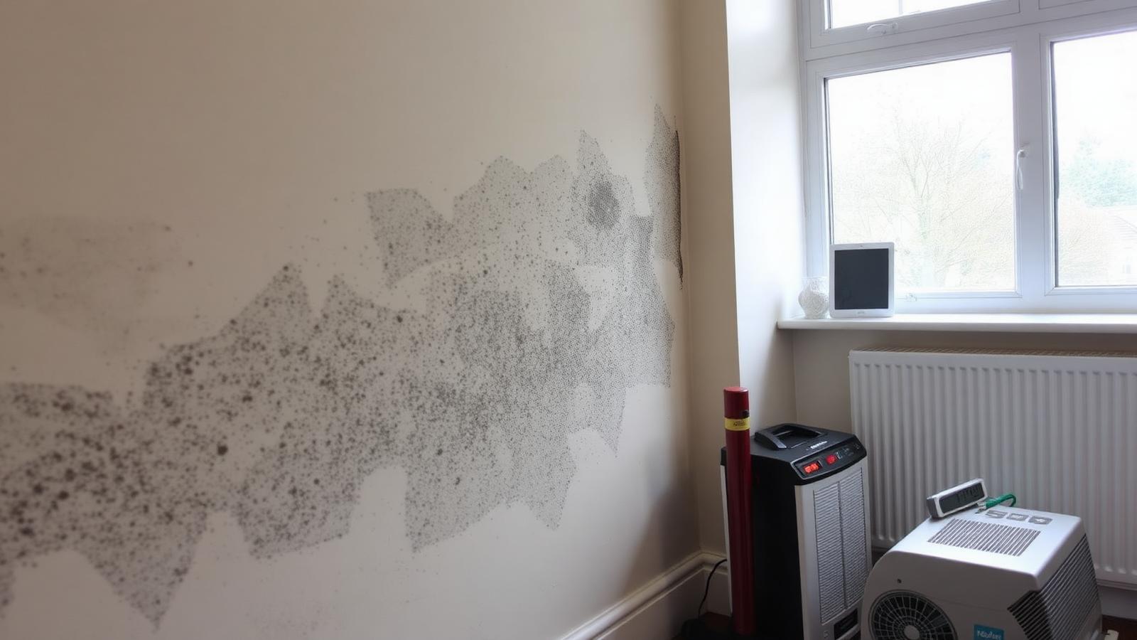 Black mould spreading across a damp bedroom wall with drying equipment in place