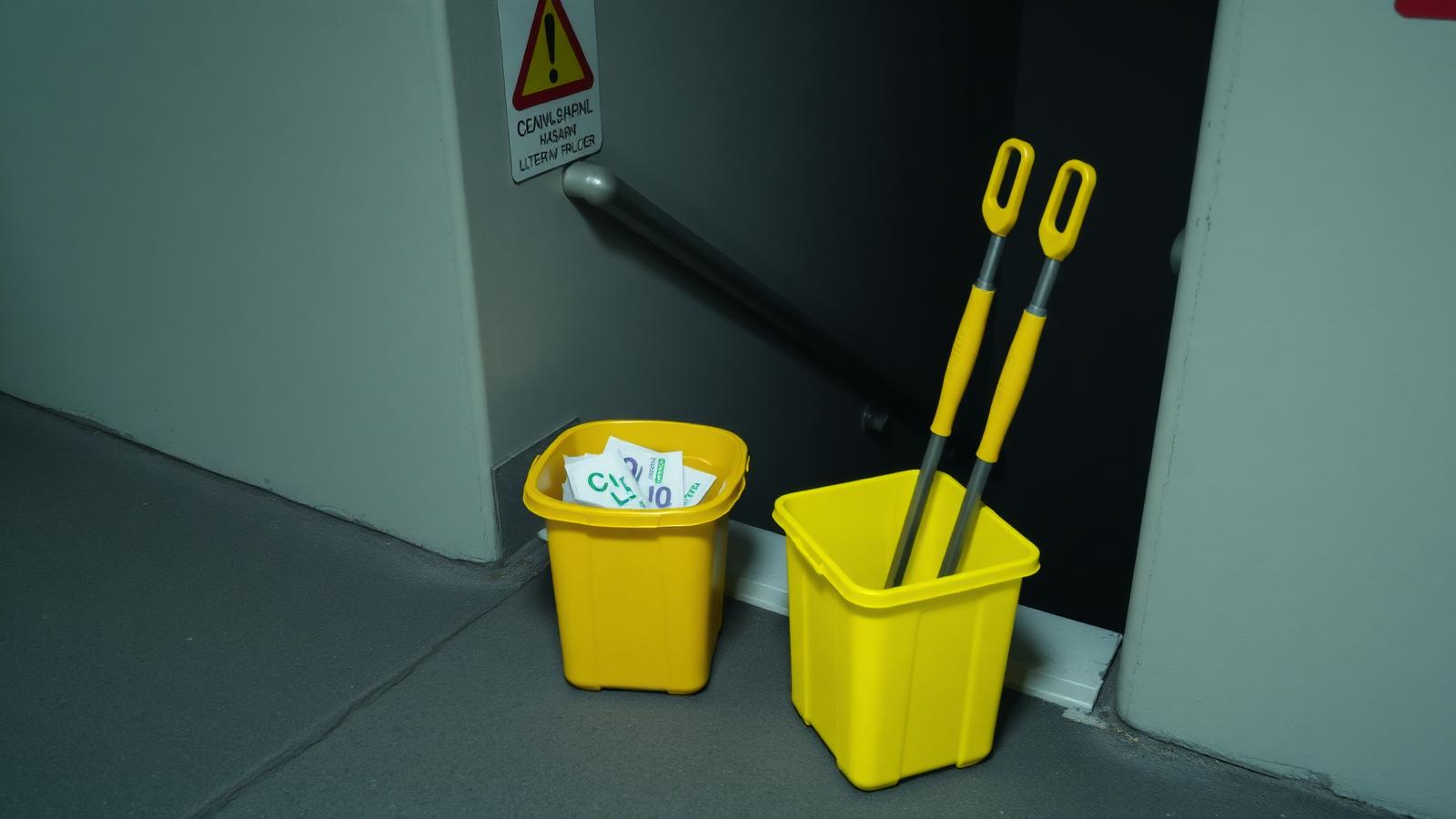 Yellow clinical sharps container and litter picker tongs beside a stairwell door