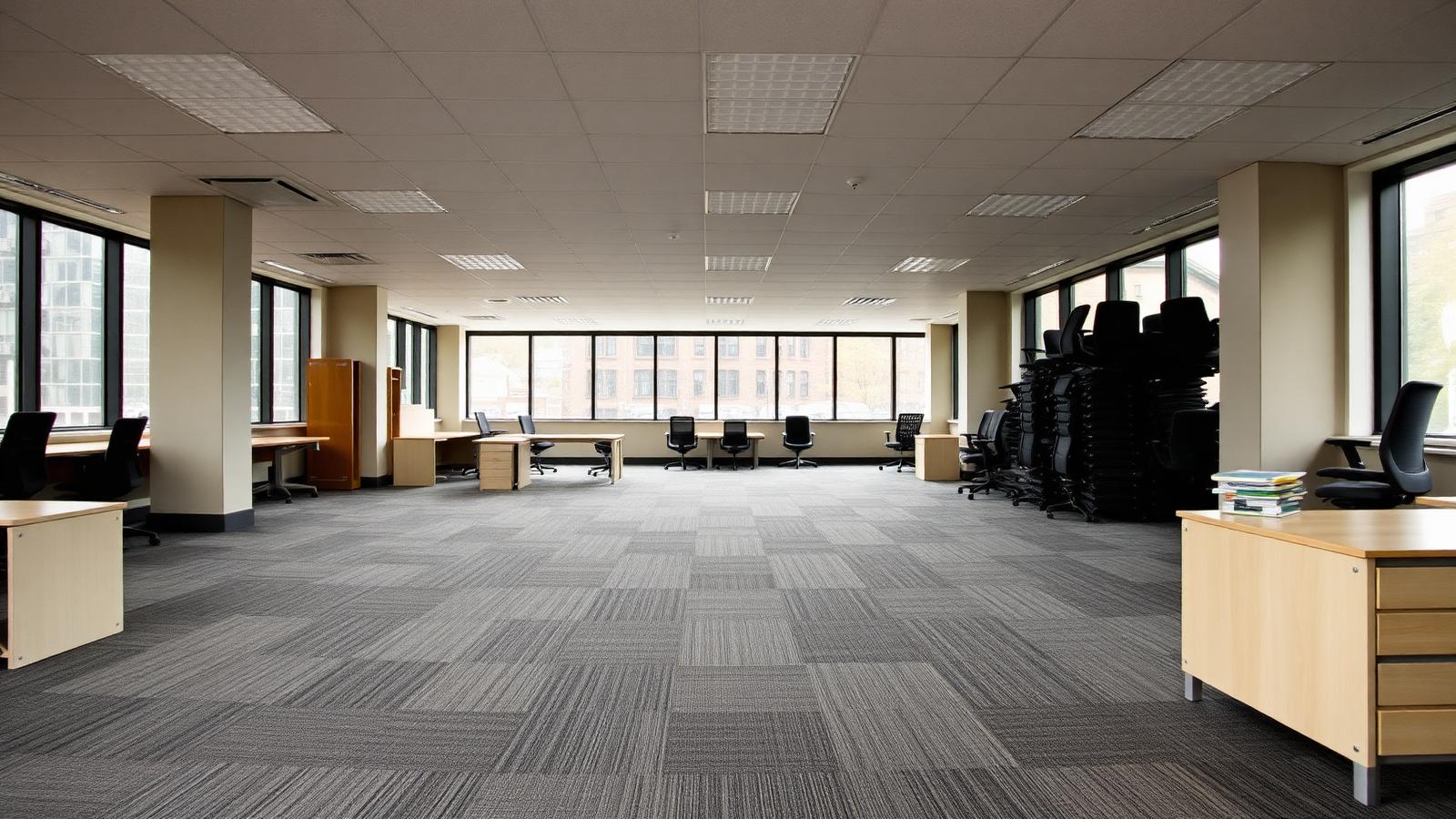 Office floor part way through a strip-out with desks and stacked chairs