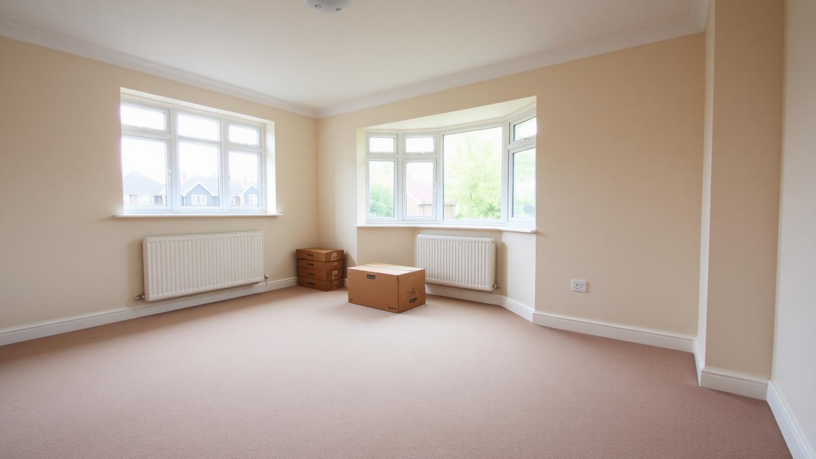 Empty living room in a probate property with a bay window and a few packing boxes